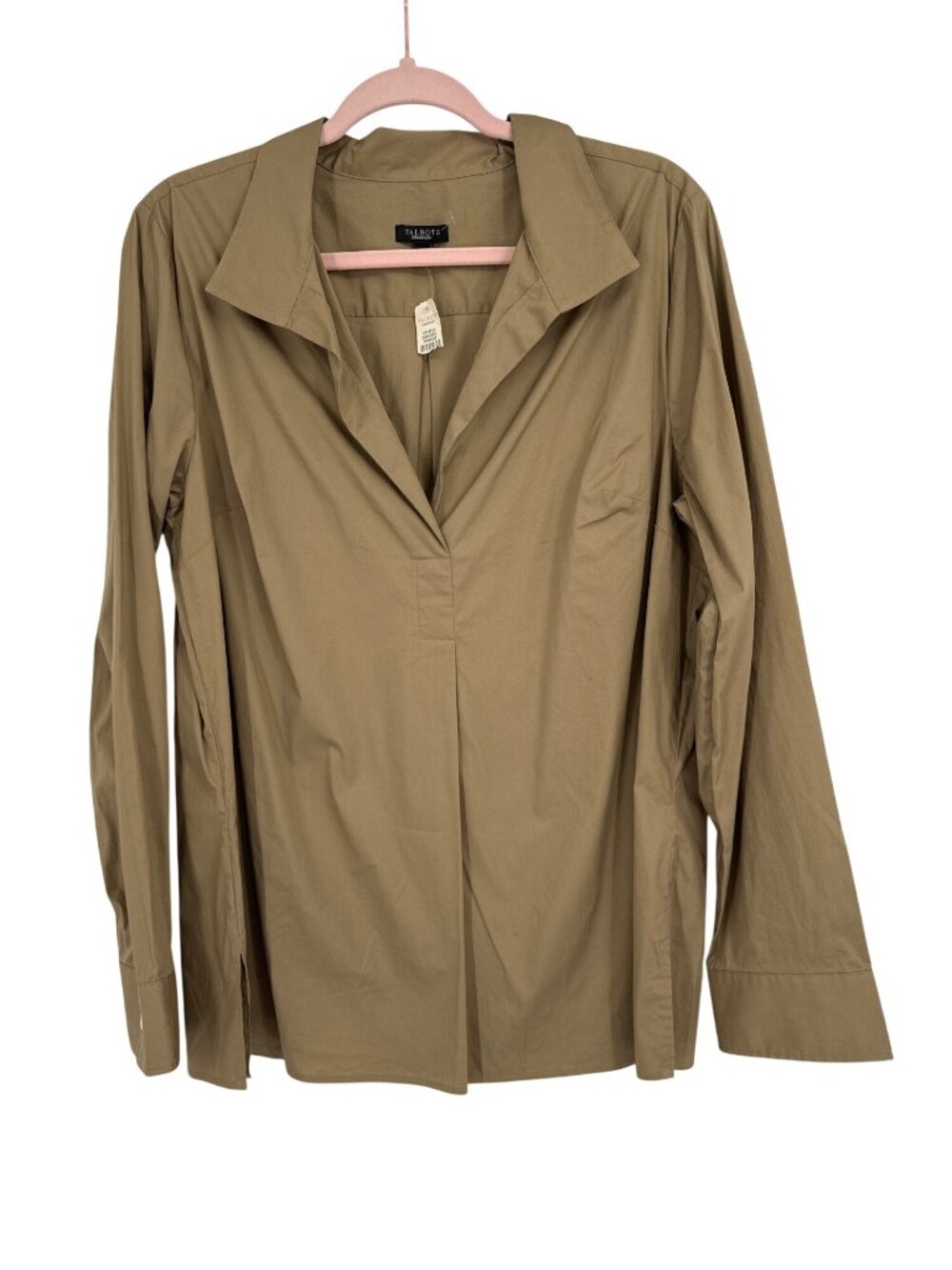 Talbots Womens Khaki Long Sleeve popover Collared Shirt  Cotton Size 14 new